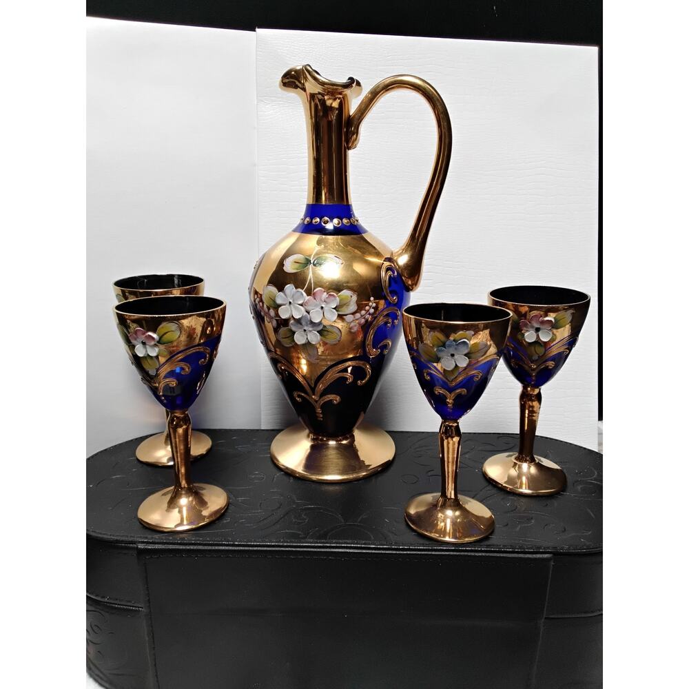 Vintage Cobalt Blue Liqueur set 24kt gold painted enamel Decanter & 4 Egermann